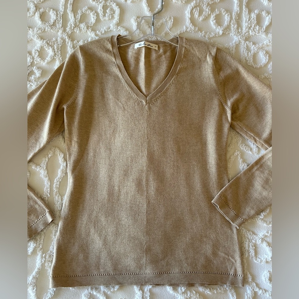 Caroline Grace V neck long sleeve sweater, beige, never worn, size S/P